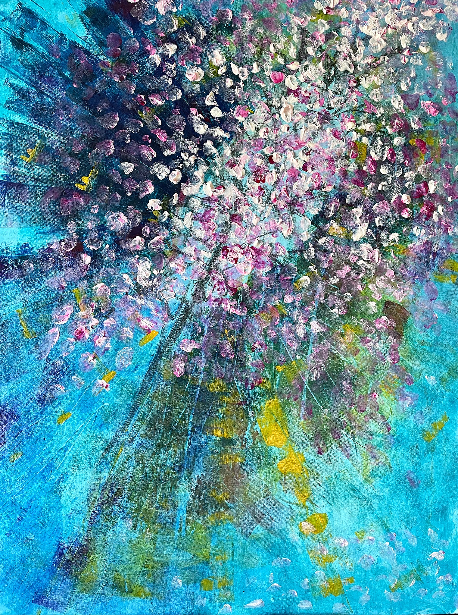 Pink and White bursts of color sprawl across an aquamarine, turquoise background. Bright accents of yellow dapple the piece. The whole composition looks as if a bouquet of flowers has been beautifully detonated.